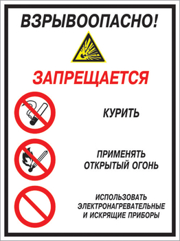 Кз 13 взрывоопасно! запрещается: курить, применять открытый огонь, использовать электронагревательные и искрящие приборы. (пластик, 400х600 мм) - Знаки безопасности - Комбинированные знаки безопасности - Магазин охраны труда ohranatruda-shop.ru